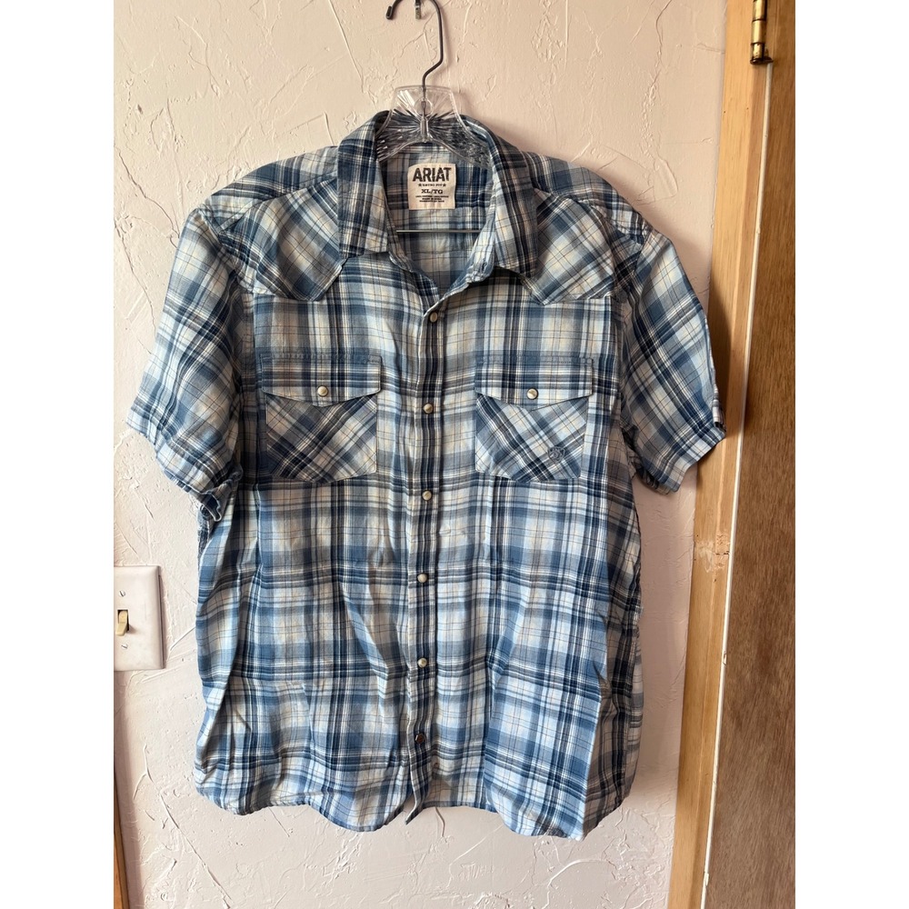 Ariat Retro Fit Mens Plaid Short Sleeve Western Shirt XL Blue White